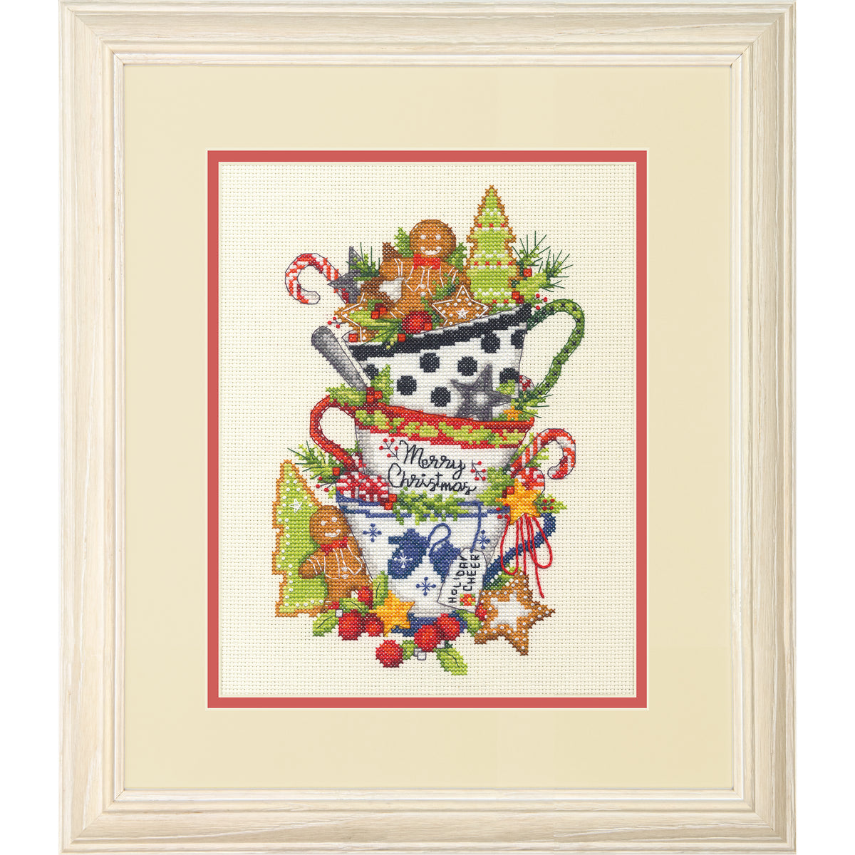 Christmas Tea cross stitch kit showing festive stitched design