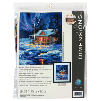 Winter Sky Cabin needlepoint kit showing a snowy cabin scene
