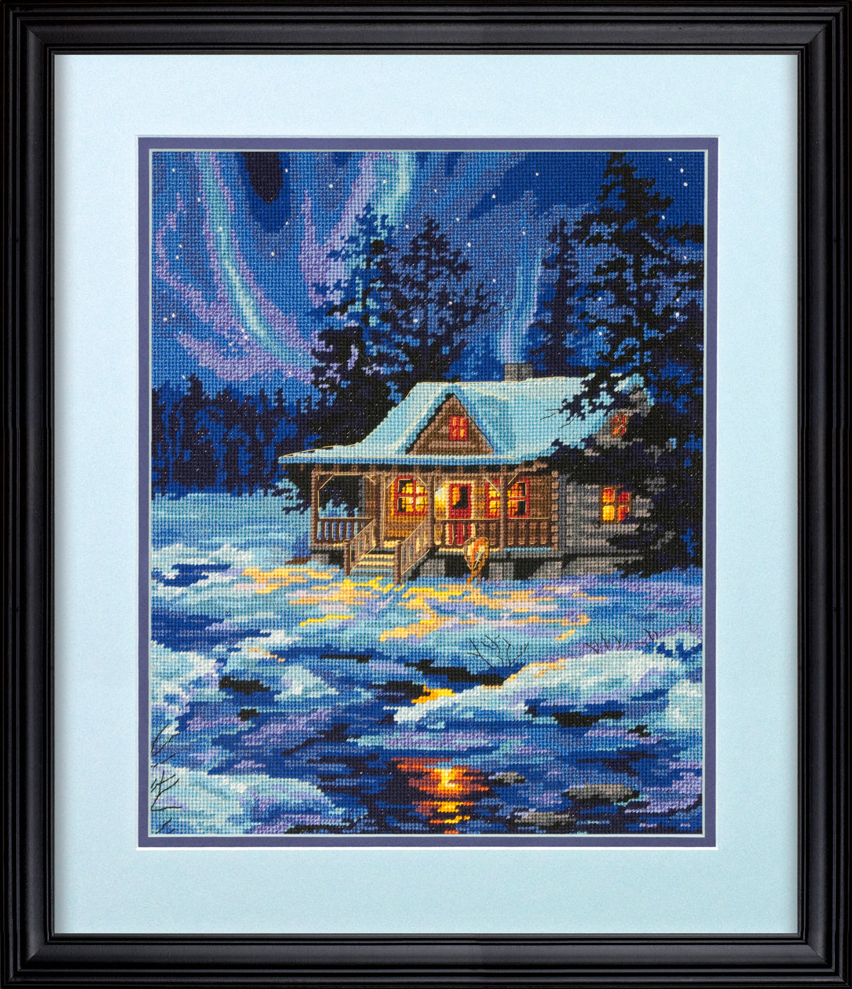 Winter Sky Cabin needlepoint kit showing a snowy cabin scene