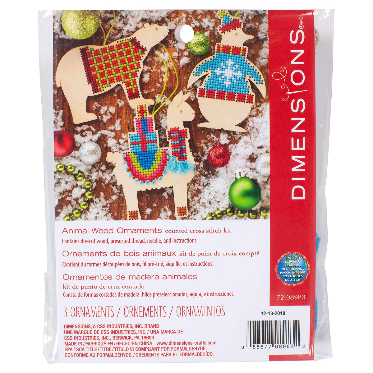 Three wooden animal shaped cross stitch ornaments