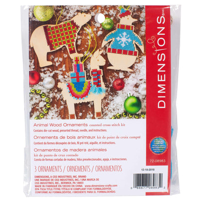 Three wooden animal shaped cross stitch ornaments