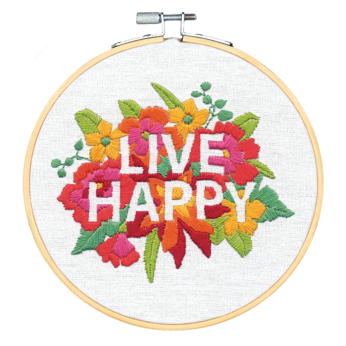 Live Happy floral embroidery in a round hoop