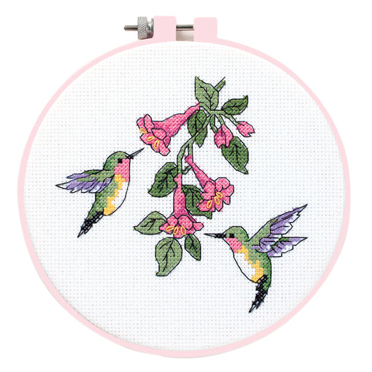 Dimensions Hummingbird Duo cross stitch kit in a round hoop