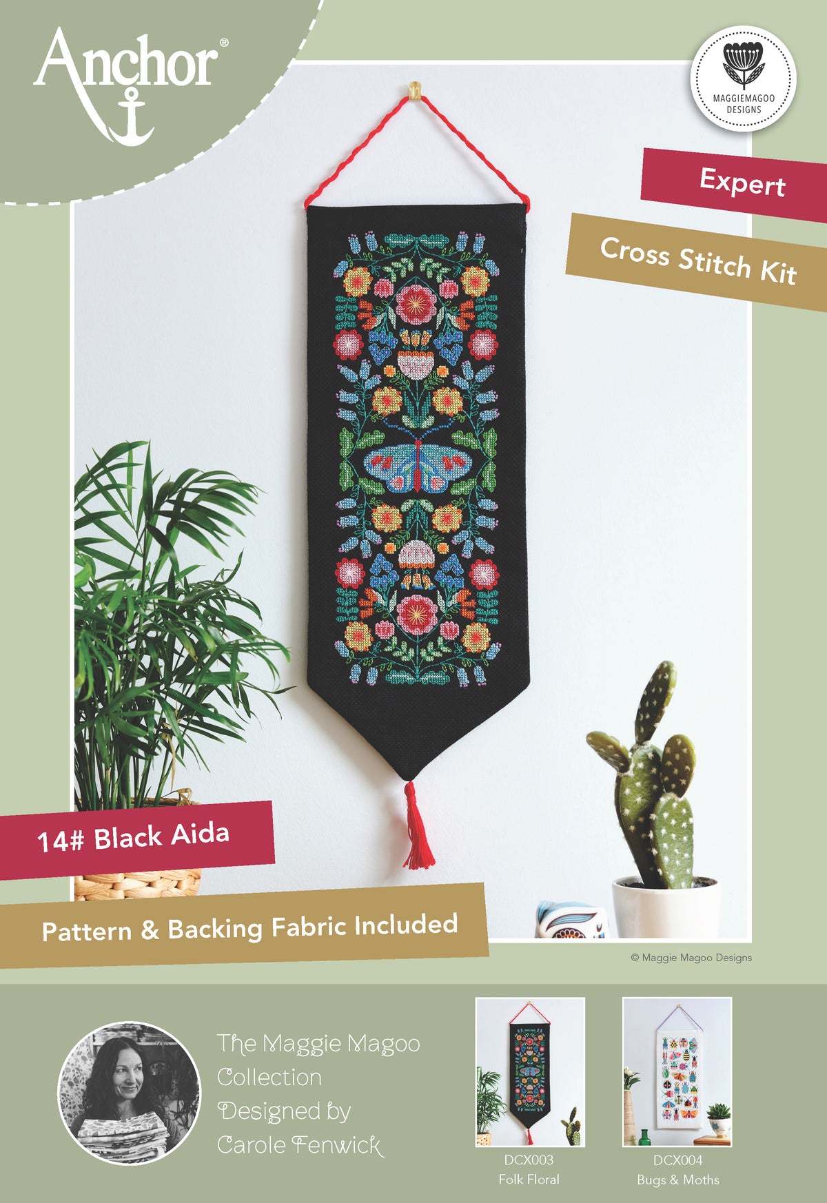 Anchor Folk Floral cross stitch wall hanging on black aida