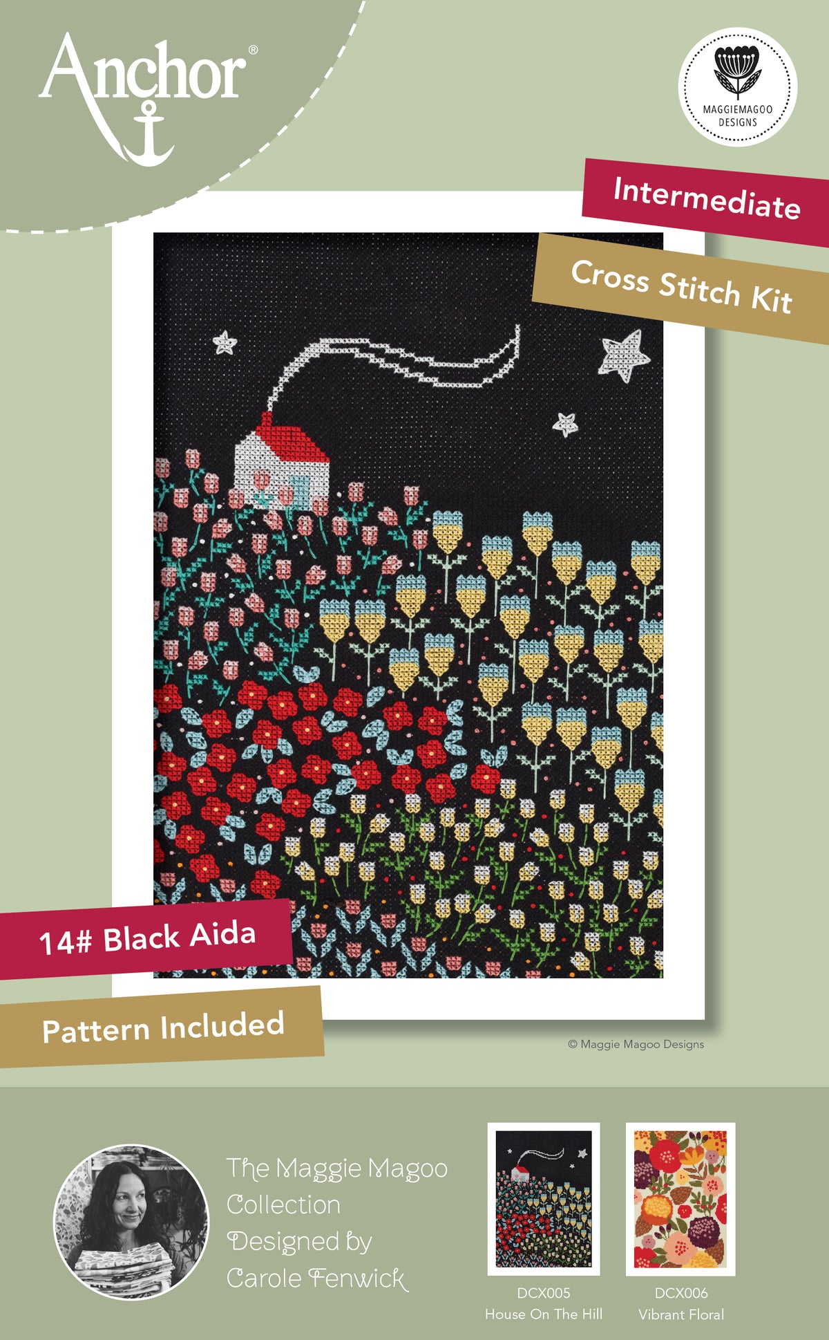 Anchor House on the Hill cross stitch design on black aida