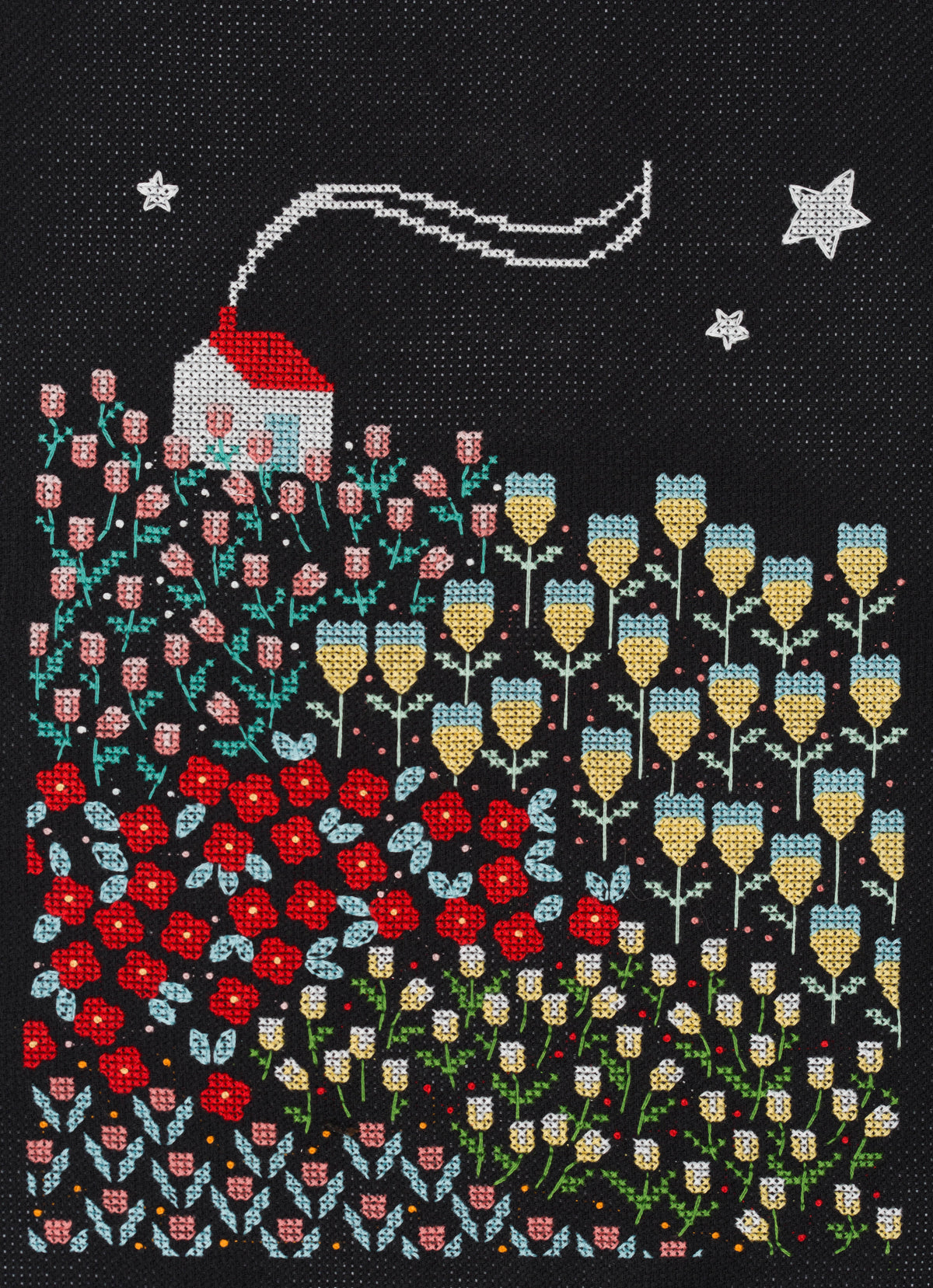 Anchor House on the Hill cross stitch design on black aida