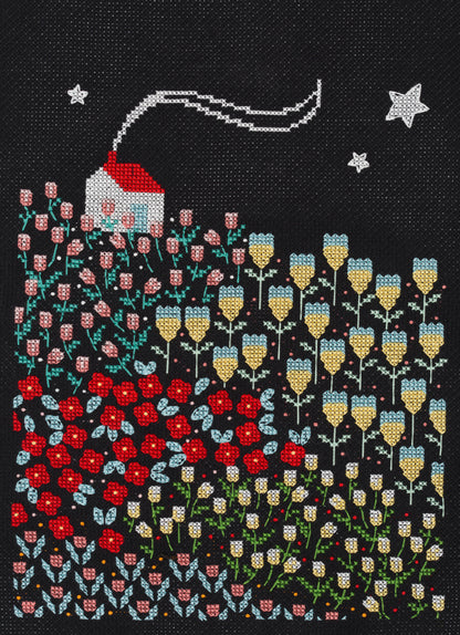 Anchor House on the Hill cross stitch design on black aida