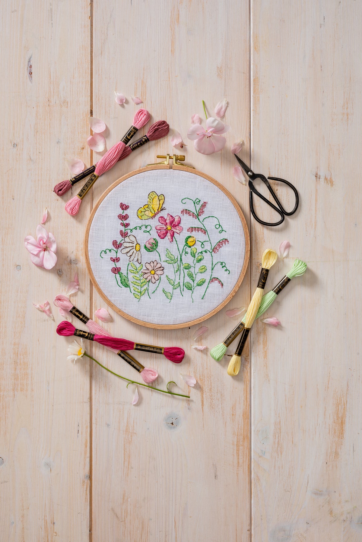 Anchor Wild Flowers cross stitch design in an embroidery hoop