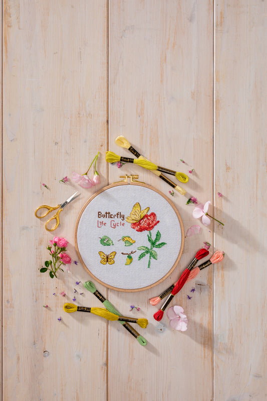 Anchor Butterfly Life cross stitch design in an embroidery hoop