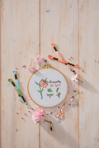 Anchor Dragonfly Life cross stitch design in an embroidery hoop