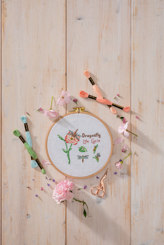 Anchor Dragonfly Life cross stitch design in an embroidery hoop