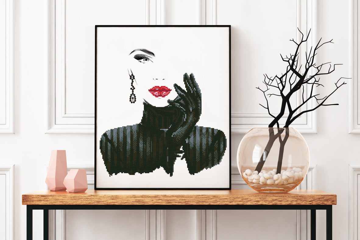 Diamond Dotz Lady in Black diamond painting kit showing a lady in black