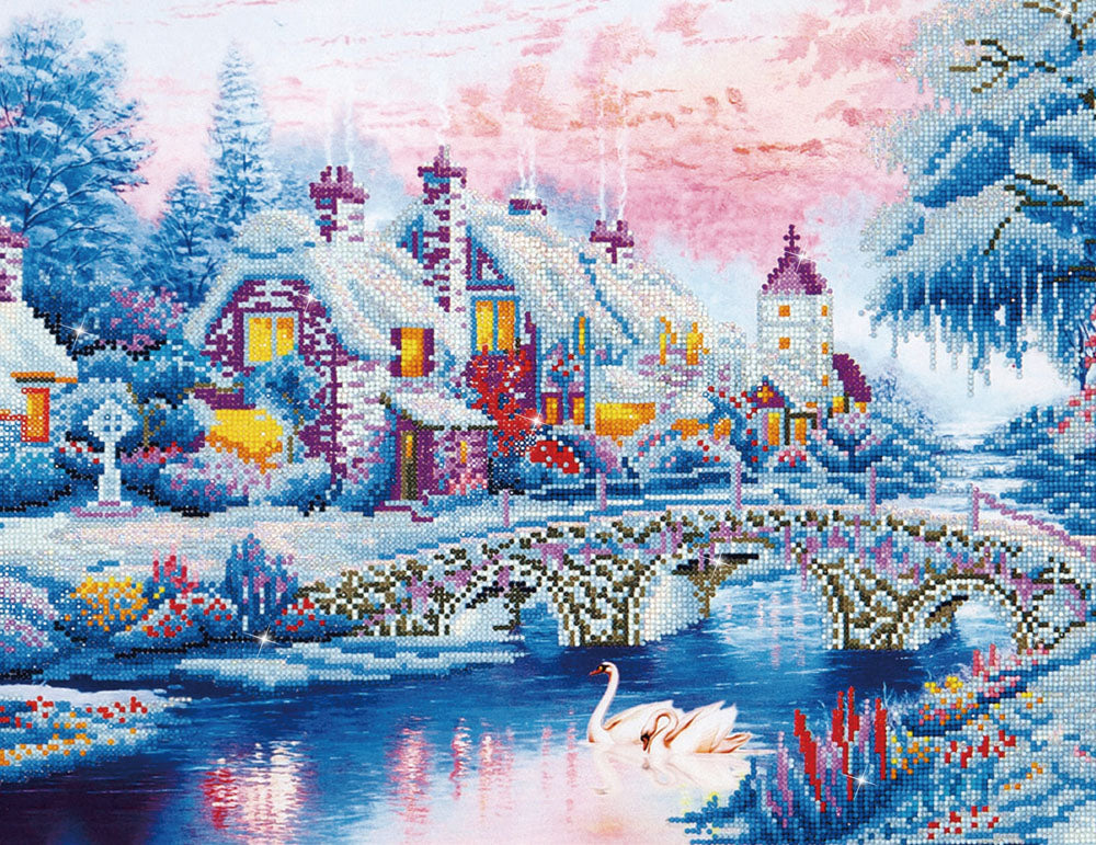 Diamond Dotz Winter Village diamond painting kit showing a snowy winter village