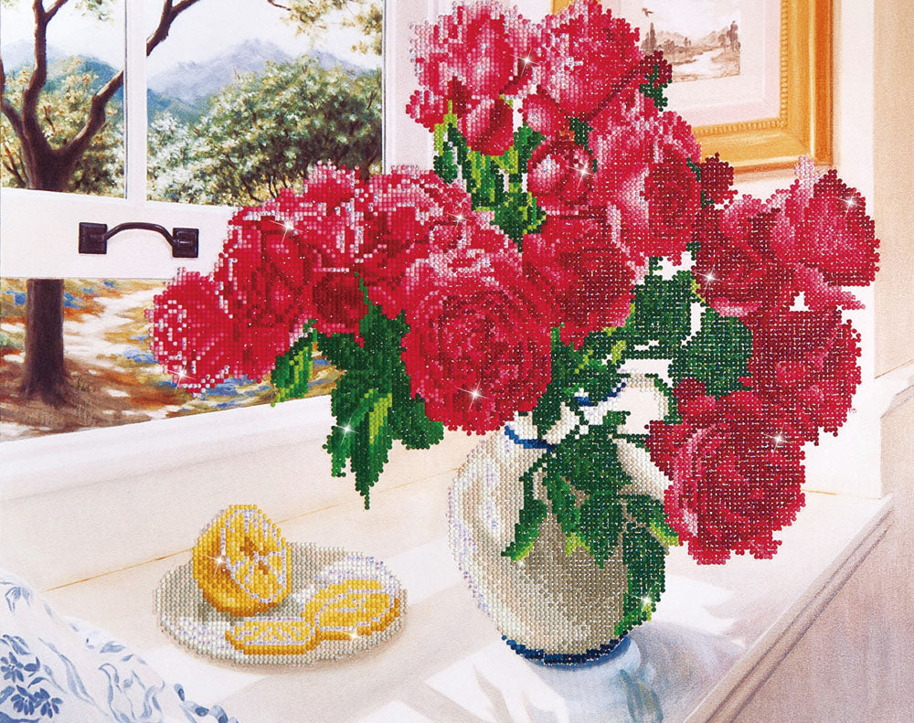 Diamond Dotz Roses By The Window diamond painting kit showing roses by a window