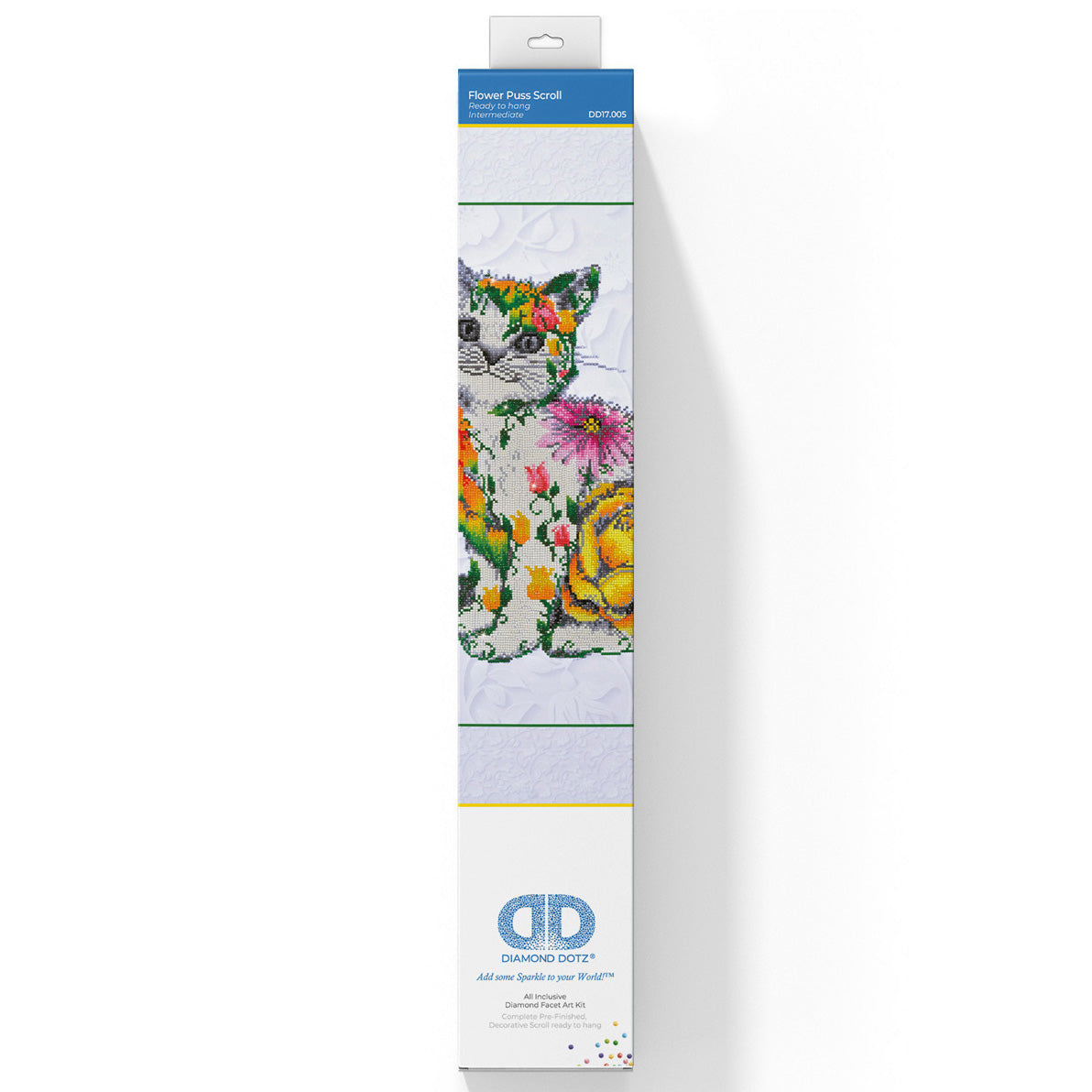 Diamond Dotz Scroll Flower Puss diamond painting kit packaging showing the finished design