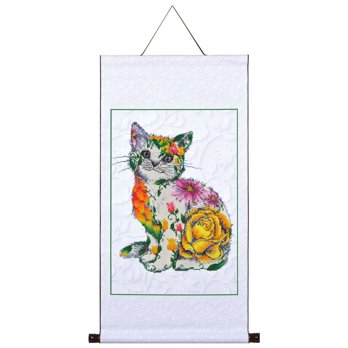 Diamond Dotz Scroll Flower Puss diamond painting kit packaging showing the finished design