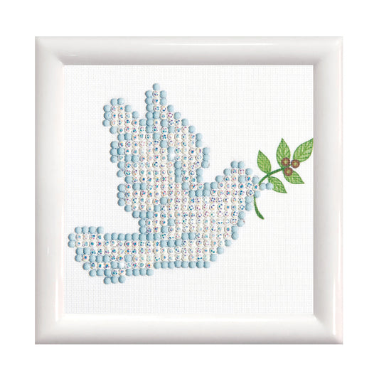 Diamond Dotz Dove of Peace diamond painting kit with frame showing a dove of peace