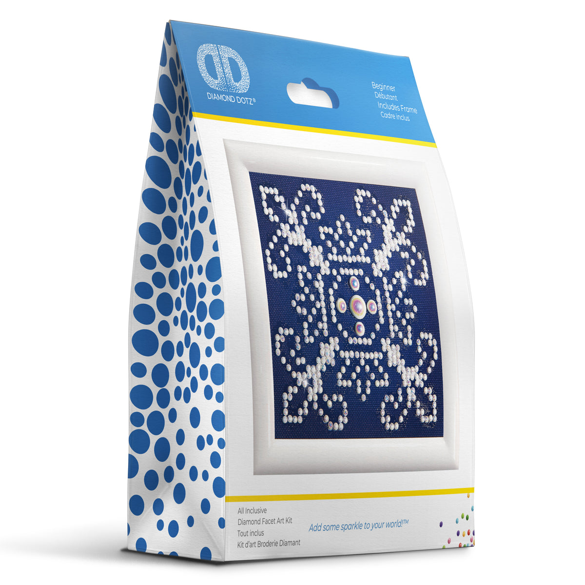 Diamond Dotz White on Blue diamond painting kit with frame showing a white on blue design