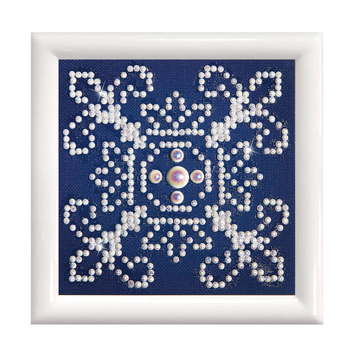 Diamond Dotz White on Blue diamond painting kit with frame showing a white on blue design