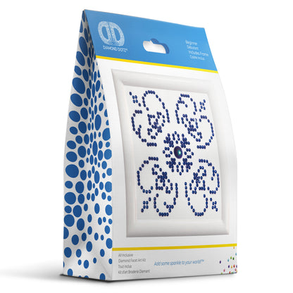 Diamond Dotz Blue on White diamond painting kit with frame showing a blue on white design