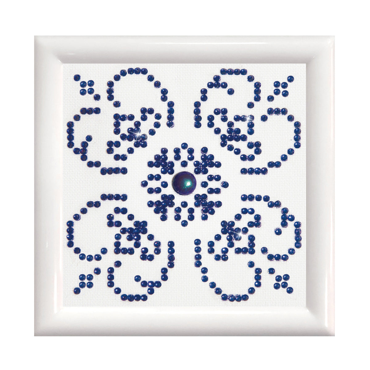 Diamond Dotz Blue on White diamond painting kit with frame showing a blue on white design