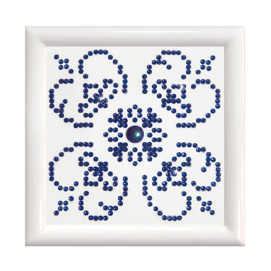 Diamond Dotz Blue on White diamond painting kit with frame showing a blue on white design