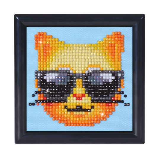 Diamond Dotz Kool Kat diamond painting kit with frame showing a cool cat design