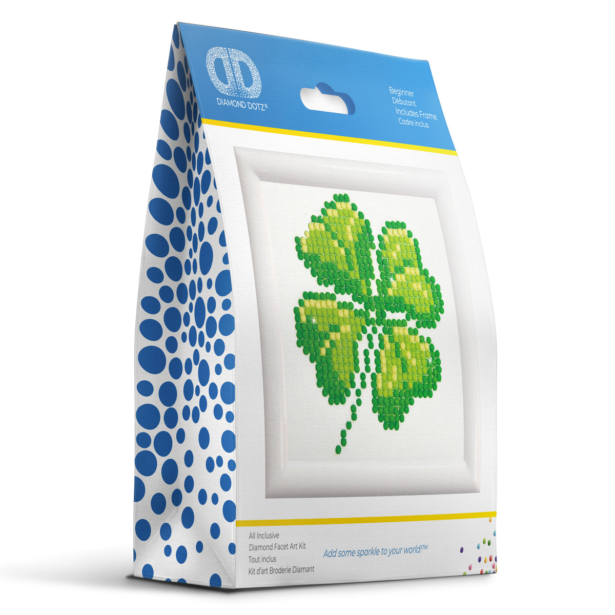 Diamond Dotz Four Leaf Clover diamond painting kit with frame showing a four leaf clover