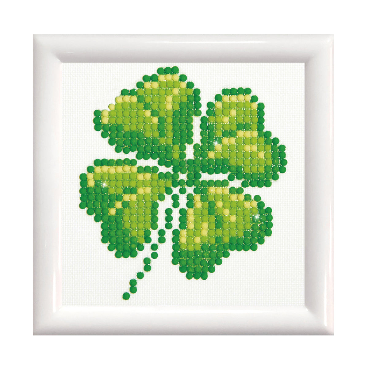 Diamond Dotz Four Leaf Clover diamond painting kit with frame showing a four leaf clover
