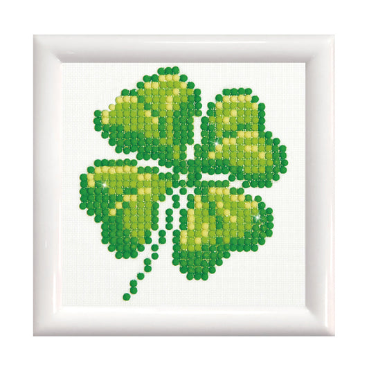 Diamond Dotz Four Leaf Clover diamond painting kit with frame showing a four leaf clover