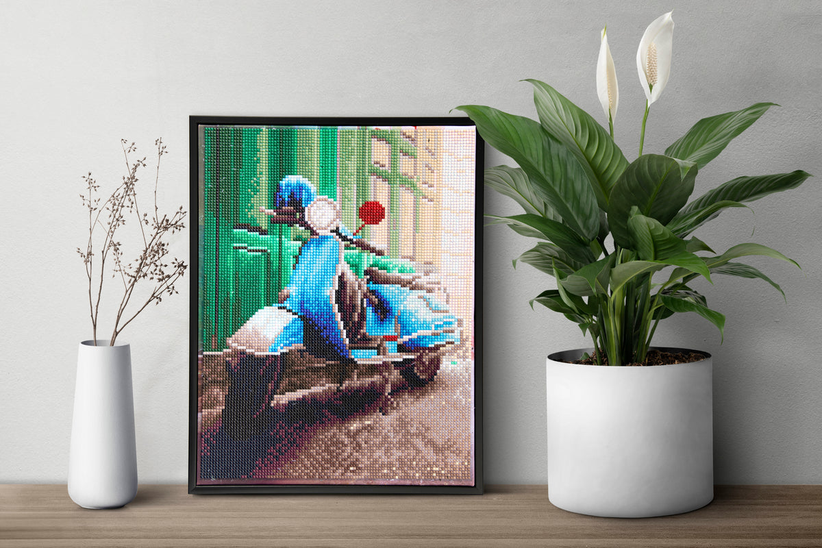 Diamond Dotz Vintage Ride diamond painting kit showing a blue vintage scooter