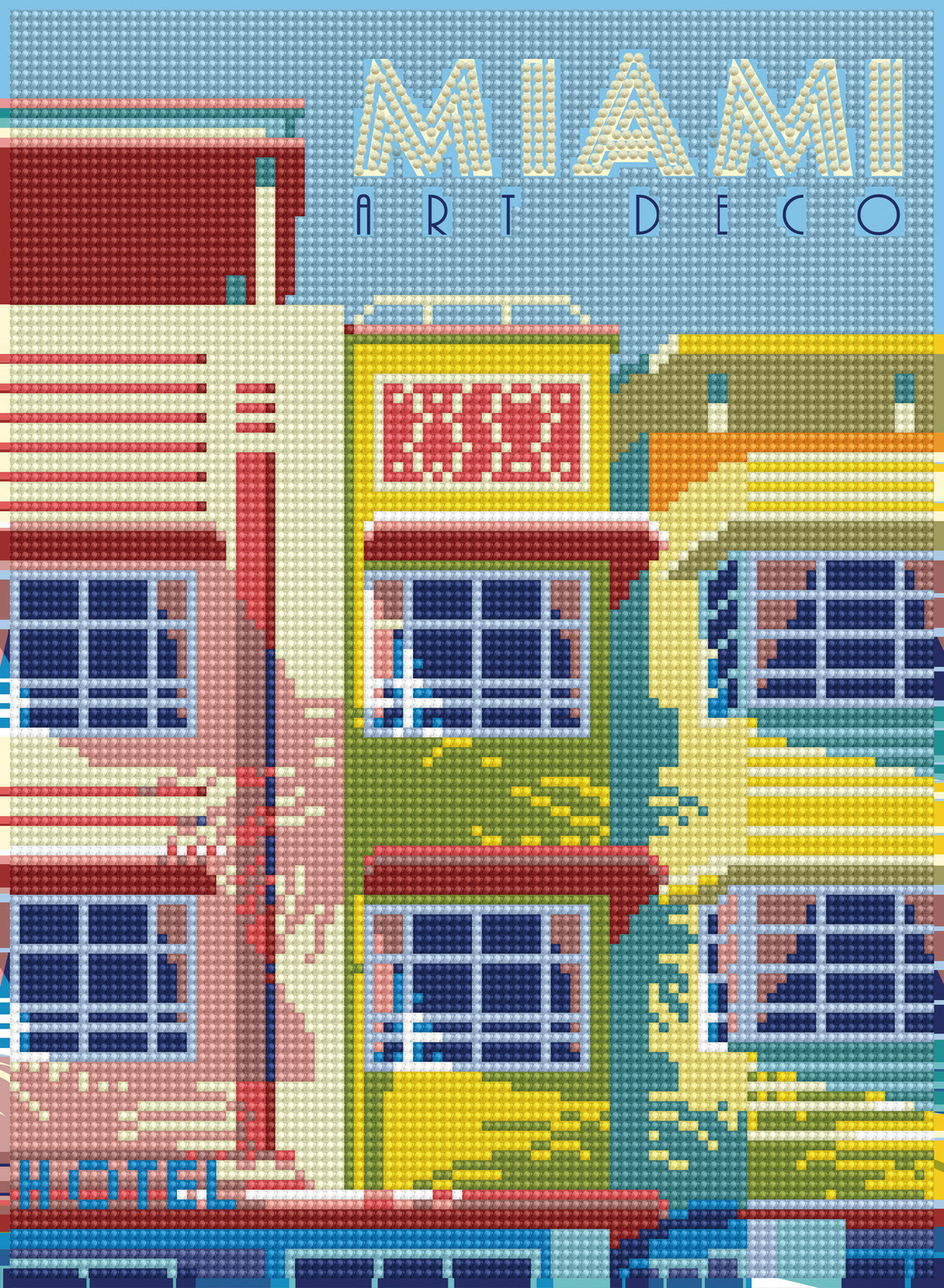 Diamond Dotz Miami Art Deco diamond painting kit showing a colourful Miami Art Deco scene