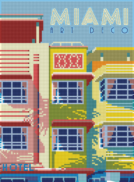 Diamond Dotz Miami Art Deco diamond painting kit showing a colourful Miami Art Deco scene
