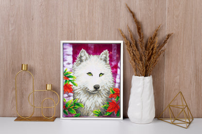 Diamond painting design of a white wolf with green eyes