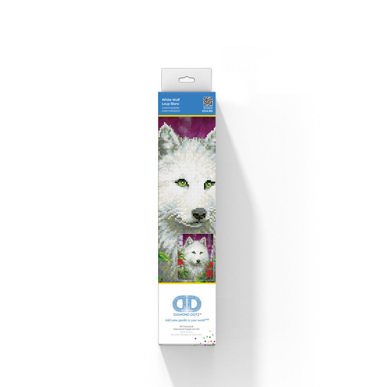 Diamond painting design of a white wolf with green eyes
