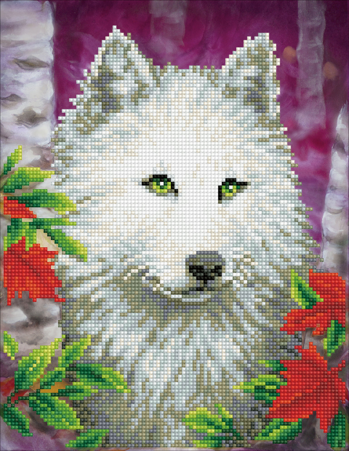 Diamond painting design of a white wolf with green eyes