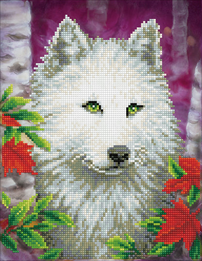 Diamond painting design of a white wolf with green eyes