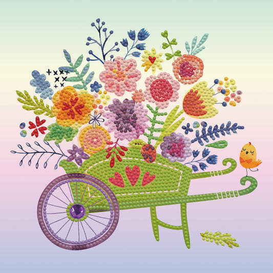Diamond painting design of a wheelbarrow filled with colourful flowers