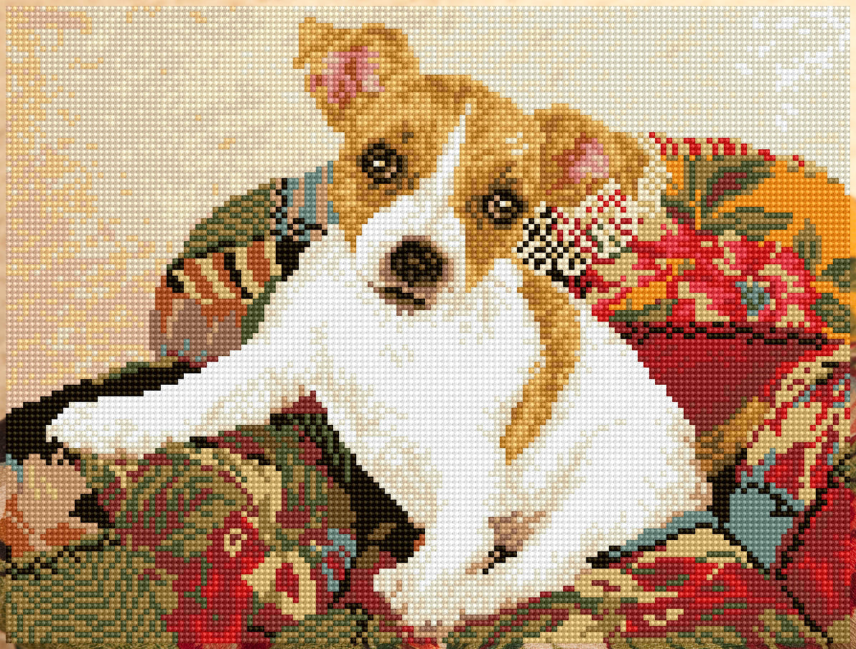 Diamond painting design of a puppy on a patchwork quilt