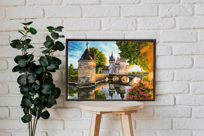 Diamond painting design of a medieval castle beside a river