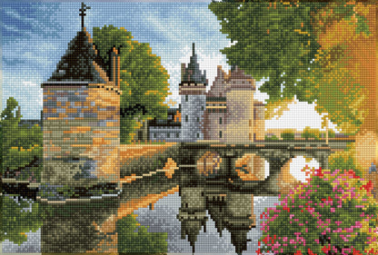 Diamond painting design of a medieval castle beside a river