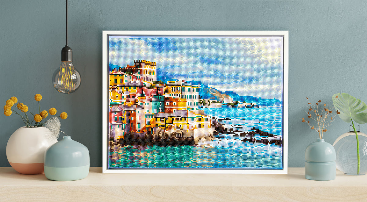 Diamond painting design of a colourful winter landscape