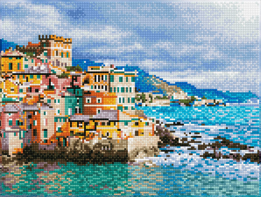 Diamond painting design of a colourful winter landscape