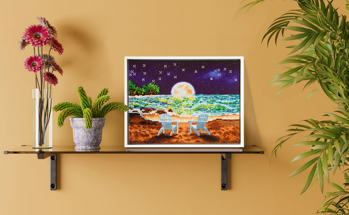 Diamond painting design of a beach under moonlight