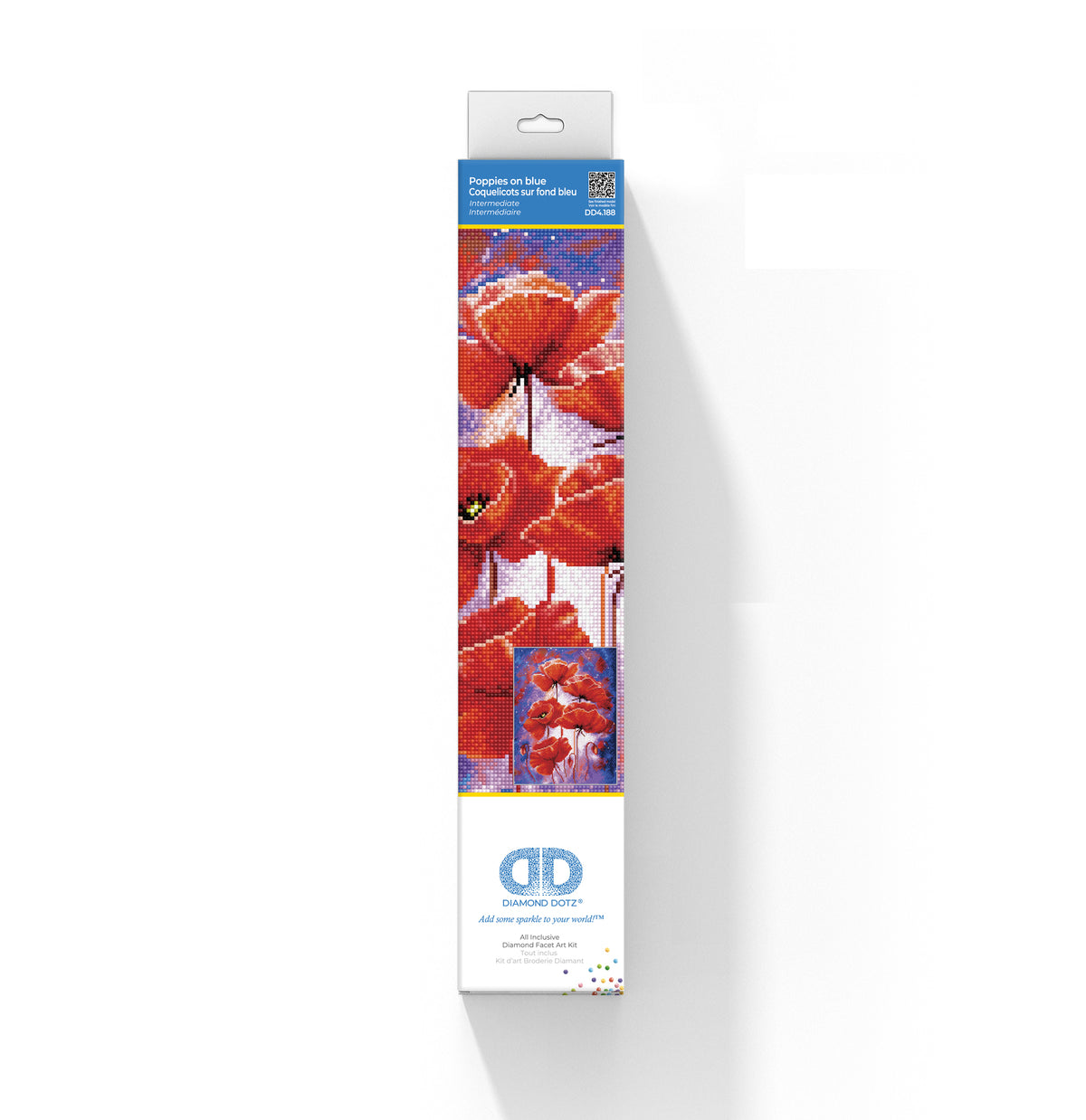Diamond painting design of red poppies on a blue background