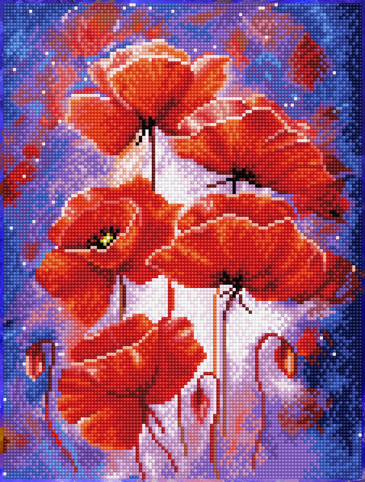 Diamond painting design of red poppies on a blue background
