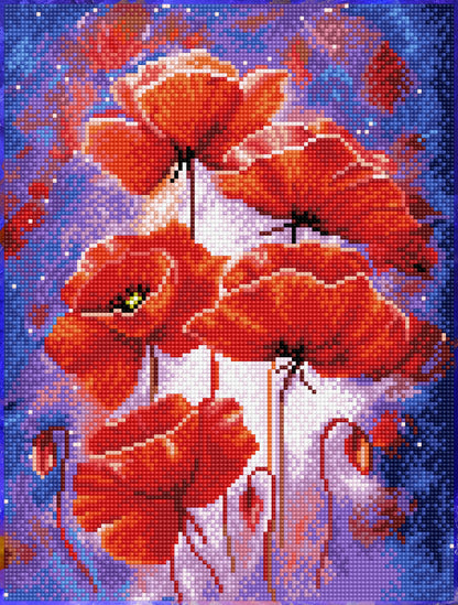 Diamond painting design of red poppies on a blue background