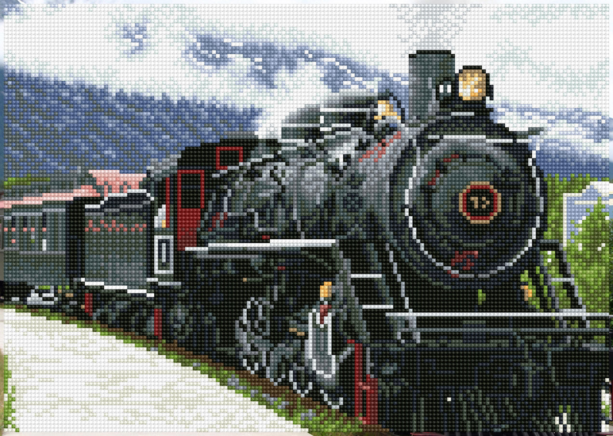 Diamond painting design of a classic steam locomotive