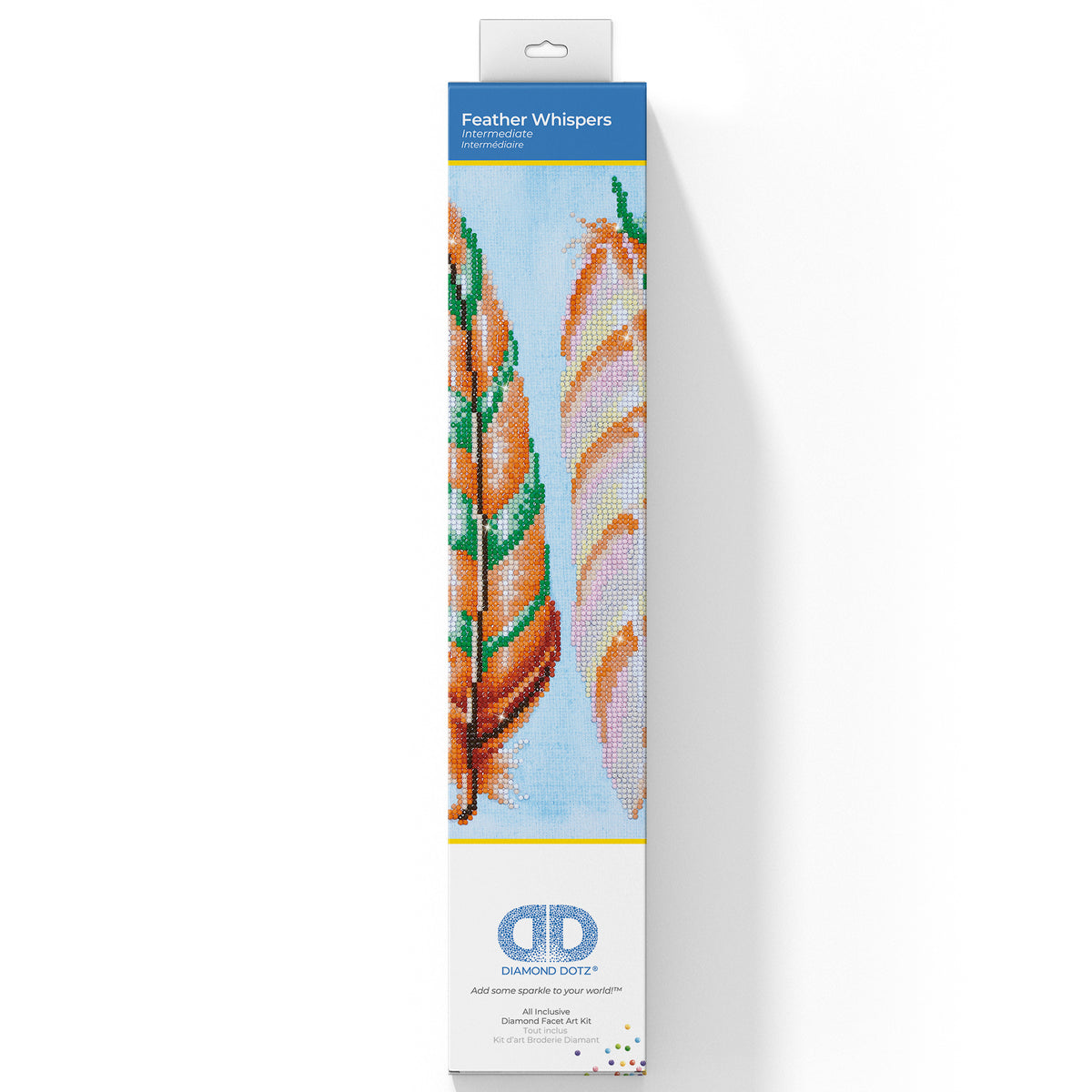 Diamond Dotz Feather Whispers diamond painting kit packaging showing the finished design