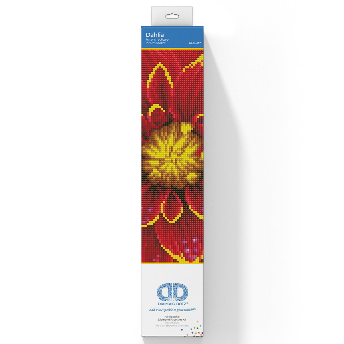 Diamond Dotz Dahlia diamond painting kit packaging showing the finished design
